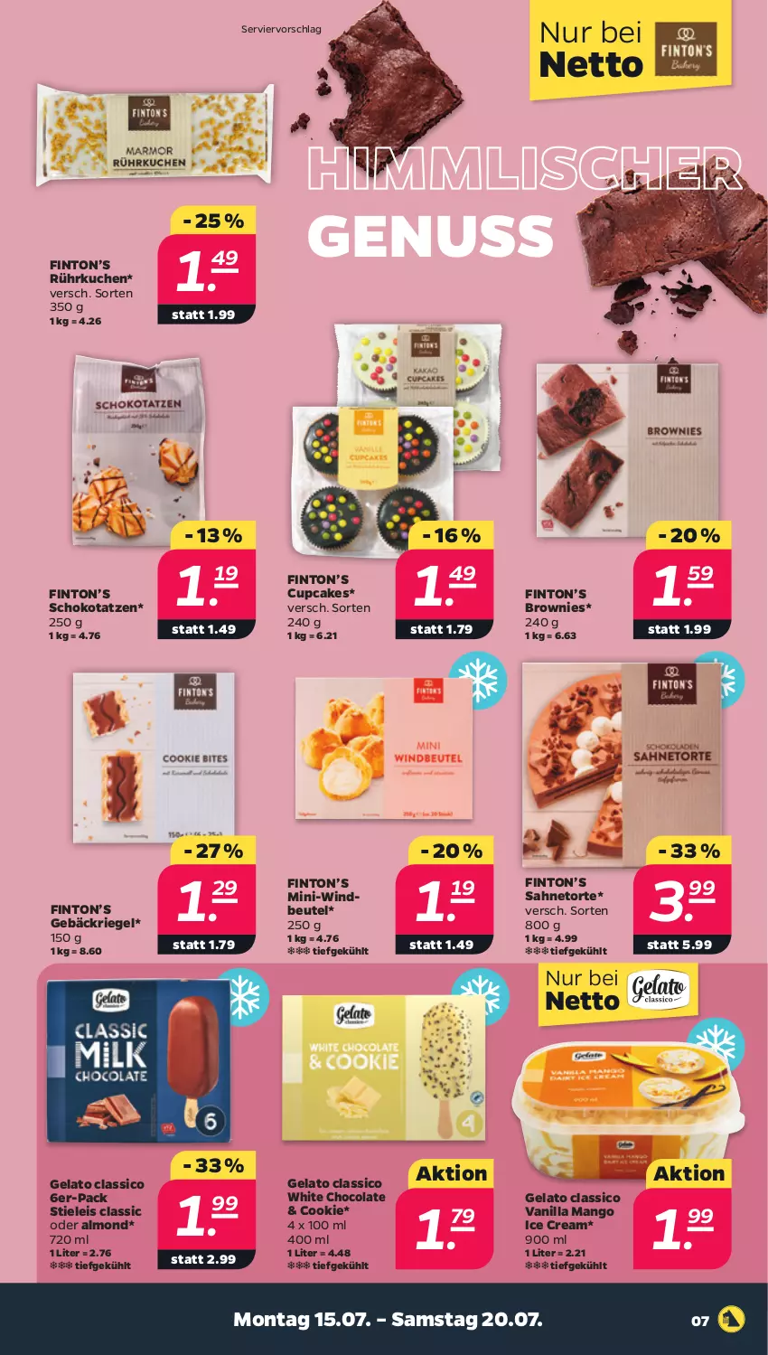 Aktueller Prospekt Netto - Woche 29 - von 15.07 bis 20.07.2024 - strona 7 - produkty: beutel, brownie, brownies, classico, cola, cookie, eis, kuchen, mango, nuss, riegel, sahne, schoko, stieleis, Ti, torte, white chocolate, Windbeutel