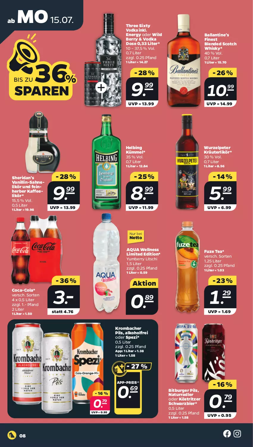 Aktueller Prospekt Netto - Woche 29 - von 15.07 bis 20.07.2024 - strona 8 - produkty: alkohol, aqua, ball, bier, bitburger, bitburger pils, blended scotch, blended scotch whisky, burger, coca-cola, cola, eis, fuze tea, kaffee, köstritzer, kräuter, kräuterlikör, krombache, krombacher, krombacher pils, likör, natur, pils, radler, reis, sahne, scotch, scotch whisky, Spezi, Three Sixty, Ti, vodka, whisky, Wild, wild berry