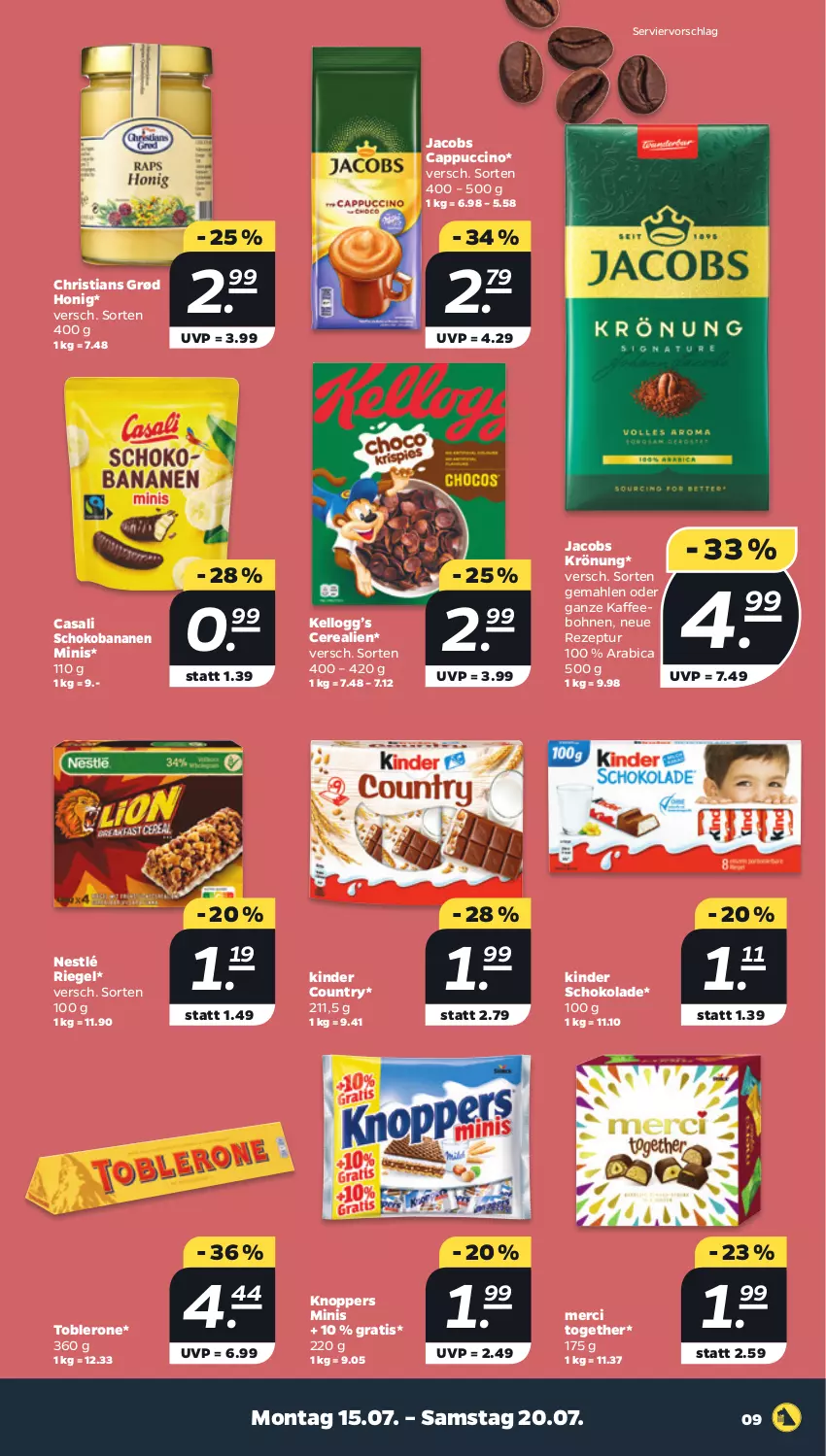 Aktueller Prospekt Netto - Woche 29 - von 15.07 bis 20.07.2024 - strona 9 - produkty: banane, bananen, bohne, bohnen, Cap, cappuccino, Casali, cerealien, cin, honig, jacobs, jacobs krönung, kaffee, kaffeebohnen, Kinder, kinder country, kinder schokolade, knoppers, merci, nestlé, rezept, riegel, schoko, Schokobananen, schokolade, Ti, toblerone