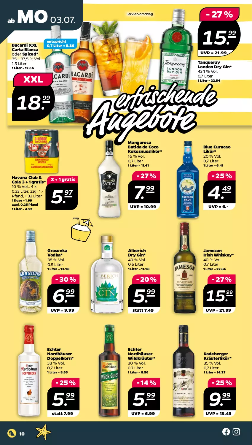 Aktueller Prospekt Netto - Woche 27 - von 03.07 bis 08.07.2023 - strona 10 - produkty: angebot, angebote, bacardi, batida, Berger, cola, doppelkorn, dry gin, gin, Havana Club, irish whiskey, jameson, kokos, kokosnuss, korn, kräuter, kräuterlikör, likör, london dry, london dry gin, mangaroca, nuss, radeberger, Tanqueray, Ti, vodka, whiskey, Wild