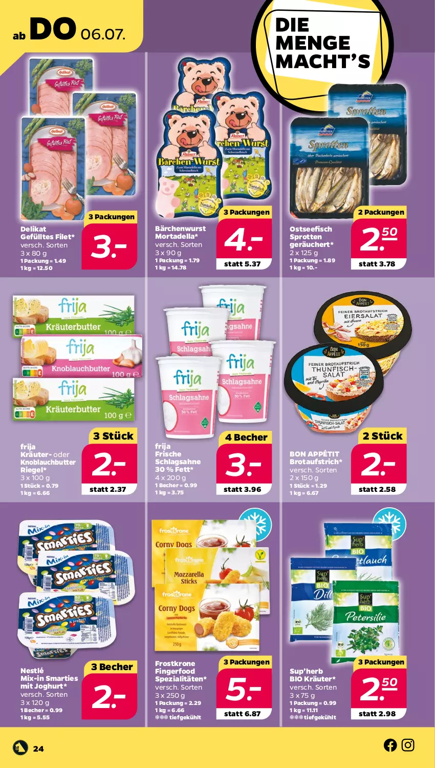 Aktueller Prospekt Netto - Woche 27 - von 03.07 bis 08.07.2023 - strona 24 - produkty: aufstrich, Becher, bio, brot, brotaufstrich, butter, dell, filet, fisch, joghur, joghurt, knoblauch, Knoblauchbutter, kräuter, krone, mortadella, nestlé, riegel, sahne, schlagsahne, smarties, Spezi, Sprotten, Ti, wurst