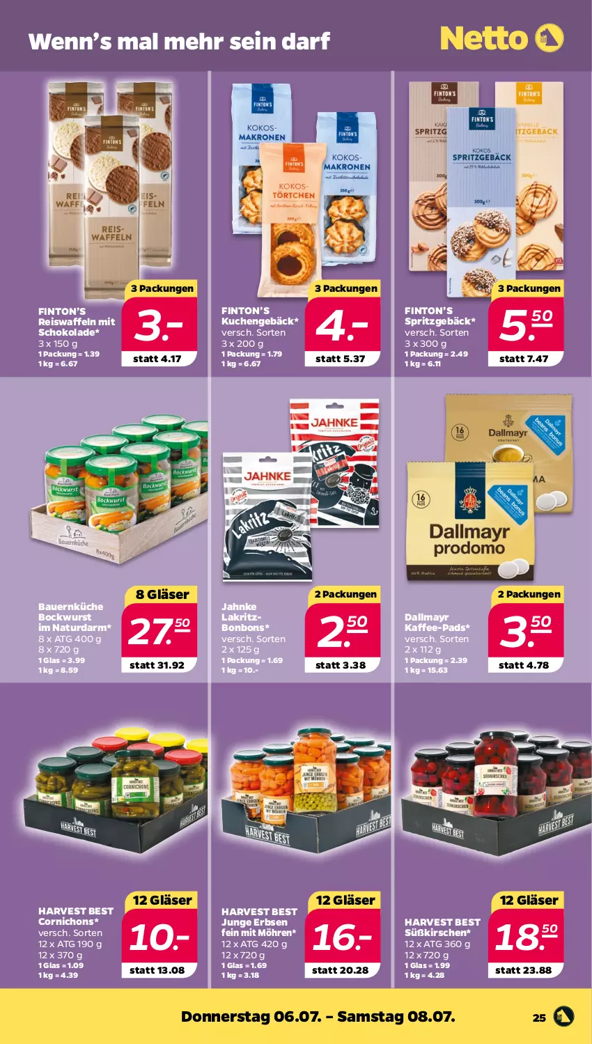 Aktueller Prospekt Netto - Woche 27 - von 03.07 bis 08.07.2023 - strona 25 - produkty: auer, Bau, Bauer, bockwurst, bonbons, dallmayr, eis, eiswaffeln, erbsen, Gläser, junge erbsen, kaffee, kaffee-pads, kirsch, kirsche, kirschen, küche, kuchen, Lakritz, möhren, natur, reis, Reiswaffeln, schoko, schokolade, Spritzgebäck, waffeln, wurst