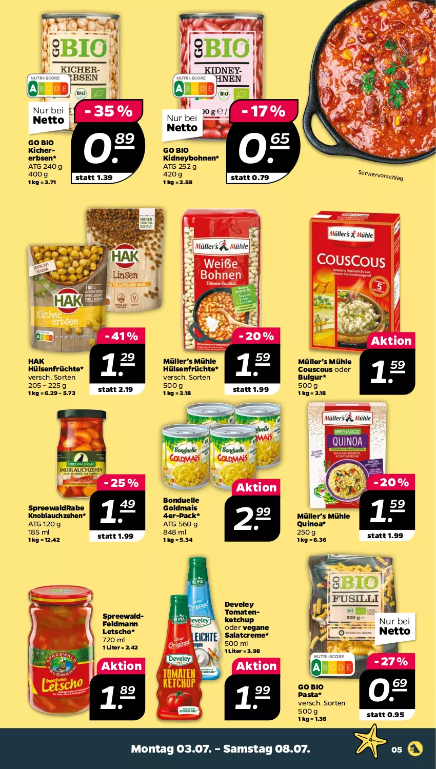 Aktueller Prospekt Netto - Woche 27 - von 03.07 bis 08.07.2023 - strona 5 - produkty: bio, bohne, bohnen, bonduelle, bonduelle goldmais, bulgur, couscous, creme, develey, elle, erbsen, früchte, Goldmais, hülsenfrüchte, ketchup, kichererbsen, kidney, knoblauch, Letscho, LG, mais, Müller, pasta, quinoa, salat, salatcreme, senf, Ti, tomate, tomaten, tomatenketchup