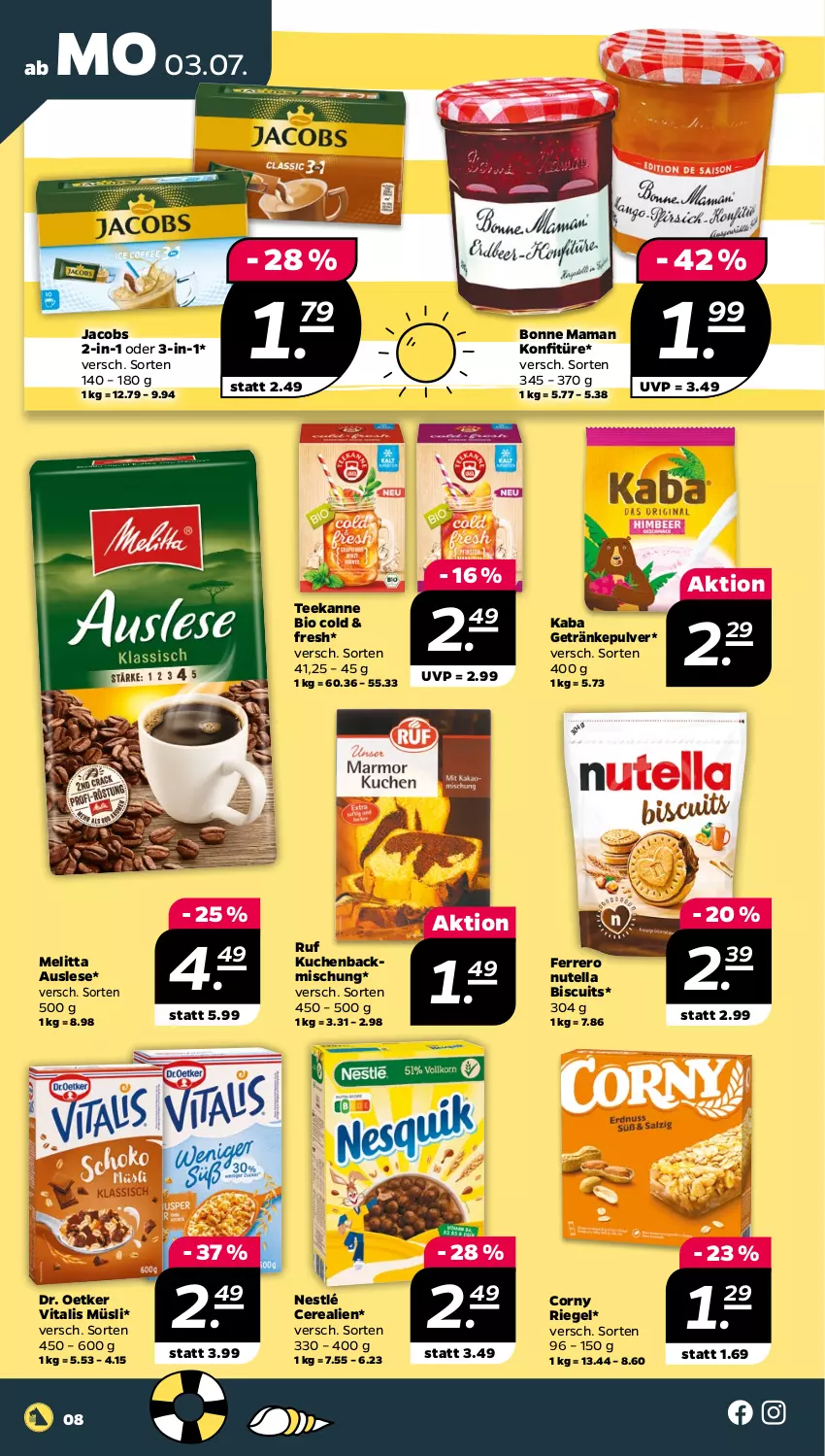 Aktueller Prospekt Netto - Woche 27 - von 03.07 bis 08.07.2023 - strona 8 - produkty: backmischung, bio, bonne maman, cerealien, corny, Dr. Oetker, ferrero, getränk, getränke, getränkepulver, jacobs, konfitüre, kuchen, mam, melitta, müsli, nestlé, nutella, riegel, tee, teekanne, Ti, vita, vitalis, vitalis müsli