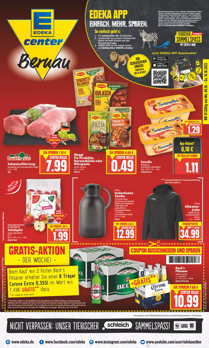 Aktueller Prospekt Edeka - Angebote der Woche - von 09.10 bis 14.10.2023 - strona 1 - produkty: Becher, beutel, braten, Brei, buch, coupon, deka, eduscho, eis, emsa, erde, filet, flasche, gin, gutschein, Jacke, küche, LG, maggi, maggi fix, margarine, milch, müllbeutel, pils, pilsener, puma, reis, Schleich, schwein, schweine, schweinefilet, tafeläpfel, Tchibo, telefon, Ti, wein, weine, Yo, ZTE