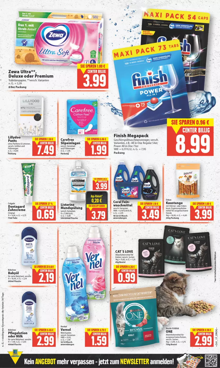 Aktueller Prospekt Edeka - Angebote der Woche - von 09.10 bis 14.10.2023 - strona 16 - produkty: alleinfuttermittel, arla, Atari, aust, Babyöl, beutel, bübchen, carefree, colgate, Coral, creme, eis, ente, Finish, flasche, geschirr, gin, henkel, hühner, LG, Lotion, maschinenreiniger, mundspülung, Pants, papier, purina, reiniger, reis, Ria, slip, slipeinlagen, spülmaschinen, spülung, Ti, toilettenpapier, vernel, waschmittel, zewa, ZTE