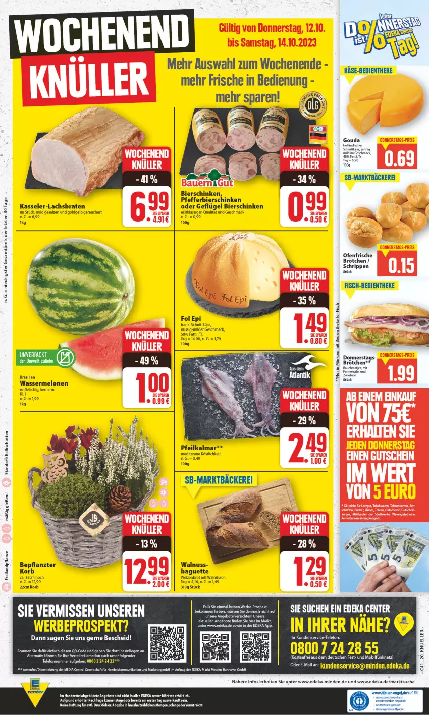 Aktueller Prospekt Edeka - Angebote der Woche - von 09.10 bis 14.10.2023 - strona 20 - produkty: angebot, angebote, auer, baguette, beko, bier, bierschinken, braten, brot, brötchen, deka, eis, elle, Engel, ente, fisch, fleisch, fol epi, Geflügel, gouda, Käse, kasseler, korb, lachs, Lachsbraten, LG, Liege, mac, matjes, melone, melonen, nuss, papier, pfeffer, Rauch, Rippen, salat, salz, schinken, schnittkäse, telefon, Ti, Tiere, walnuss, wasser, wassermelone, wassermelonen, ZTE, zwiebel, zwiebeln