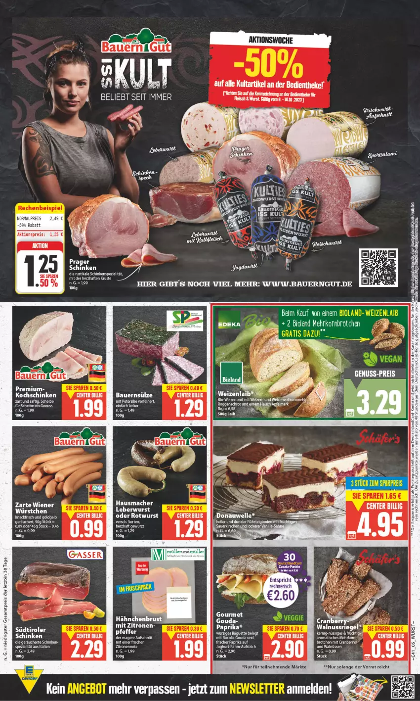 Aktueller Prospekt Edeka - Angebote der Woche - von 09.10 bis 14.10.2023 - strona 5 - produkty: aktionspreis, apfel, auer, aufschnitt, aufstrich, baguette, Bau, Bauer, bauerngut, brot, brötchen, cola, cranberry, deutschlandcard, eis, elle, ente, erde, gewürz, gouda, Hausmacher, joghur, joghurt, kochschinken, mac, Müller, nuss, paprika, reis, Rotwurst, rucola, saft, schinken, Spezi, Ti, tisch, Weizenbrot, wurst, zitrone, zitronen, ZTE