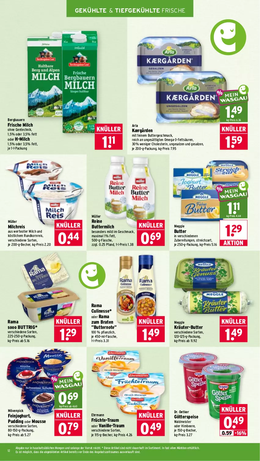 Aktueller Prospekt Wasgau - von 03.08 bis 08.08.2026 - strona 12 - produkty: angebot, arla, auer, Bau, Bauer, Becher, beere, braten, butter, buttermilch, culinesse, Dr. Oetker, ehrmann, eis, ente, feinjoghurt, flasche, frische milch, früchte, götterspeise, himbeer, himbeere, je 250-g-packung, joghur, joghurt, Kærgården, korn, kräuter, kräuter-butter, mac, meggle, Meister, milch, milchreis, mousse, mövenpick, Müller, ndk, omega, Omega-3, pudding, rama, Rama Culinesse, reine buttermilch, reis, salz, Streichzart, Ti, vanille, waldmeister