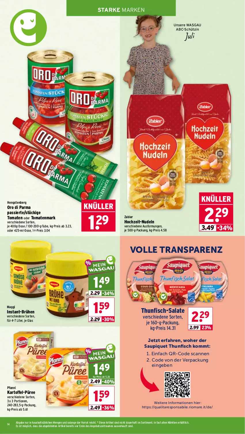 Aktueller Prospekt Wasgau - von 03.08 bis 08.08.2026 - strona 14 - produkty: angebot, auer, Brühe, eis, fisch, hengstenberg, kartoffel, maggi, nudel, nudeln, oro di parma, pfanni, püree, reis, salat, salate, saupiquet, thunfisch, Ti, tomate, tomaten, tomatenmark, Zabler
