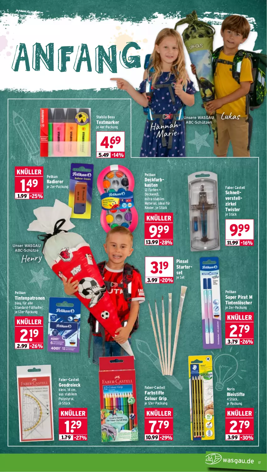 Aktueller Prospekt Wasgau - von 03.08 bis 08.08.2026 - strona 17 - produkty: Bleistift, bleistifte, boss, deckfarbkasten, eis, faber castell, farbstifte, Füllhalter, Kinder, pelikan, Pinsel, Ria, Schütze, stabilo, stifte, textmarker, Ti, Tintenlöscher, Tintenpatrone