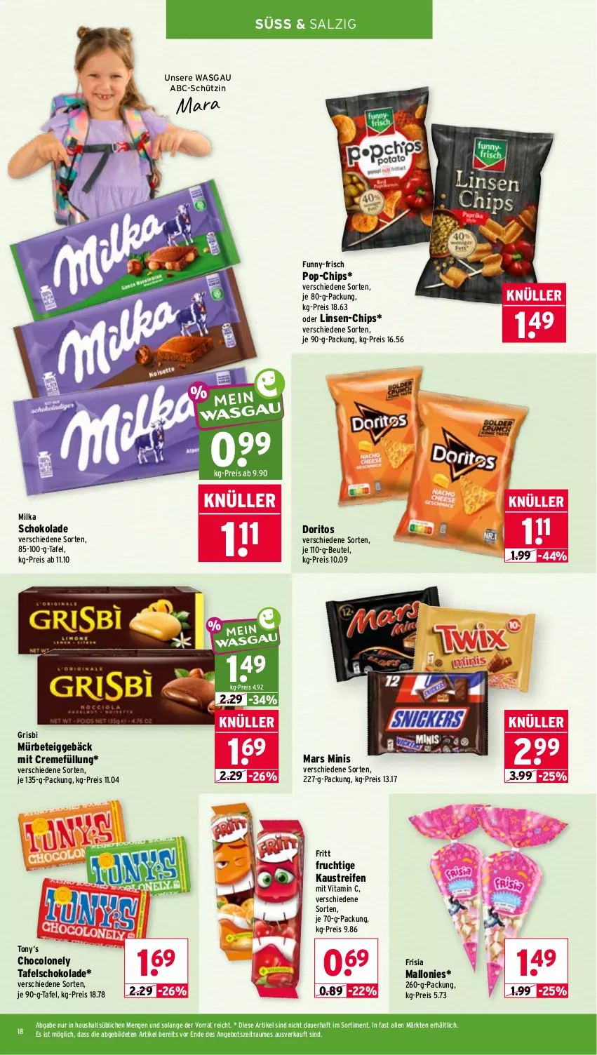 Aktueller Prospekt Wasgau - von 03.08 bis 08.08.2026 - strona 18 - produkty: angebot, auer, aust, beutel, chips, creme, Doritos, eis, frucht, funny-frisch, Kaustreifen, linsen, mars, milka, milka schokolade, reifen, reis, salz, schoko, schokolade, tafelschokolade, Ti, vita, Vitamin C