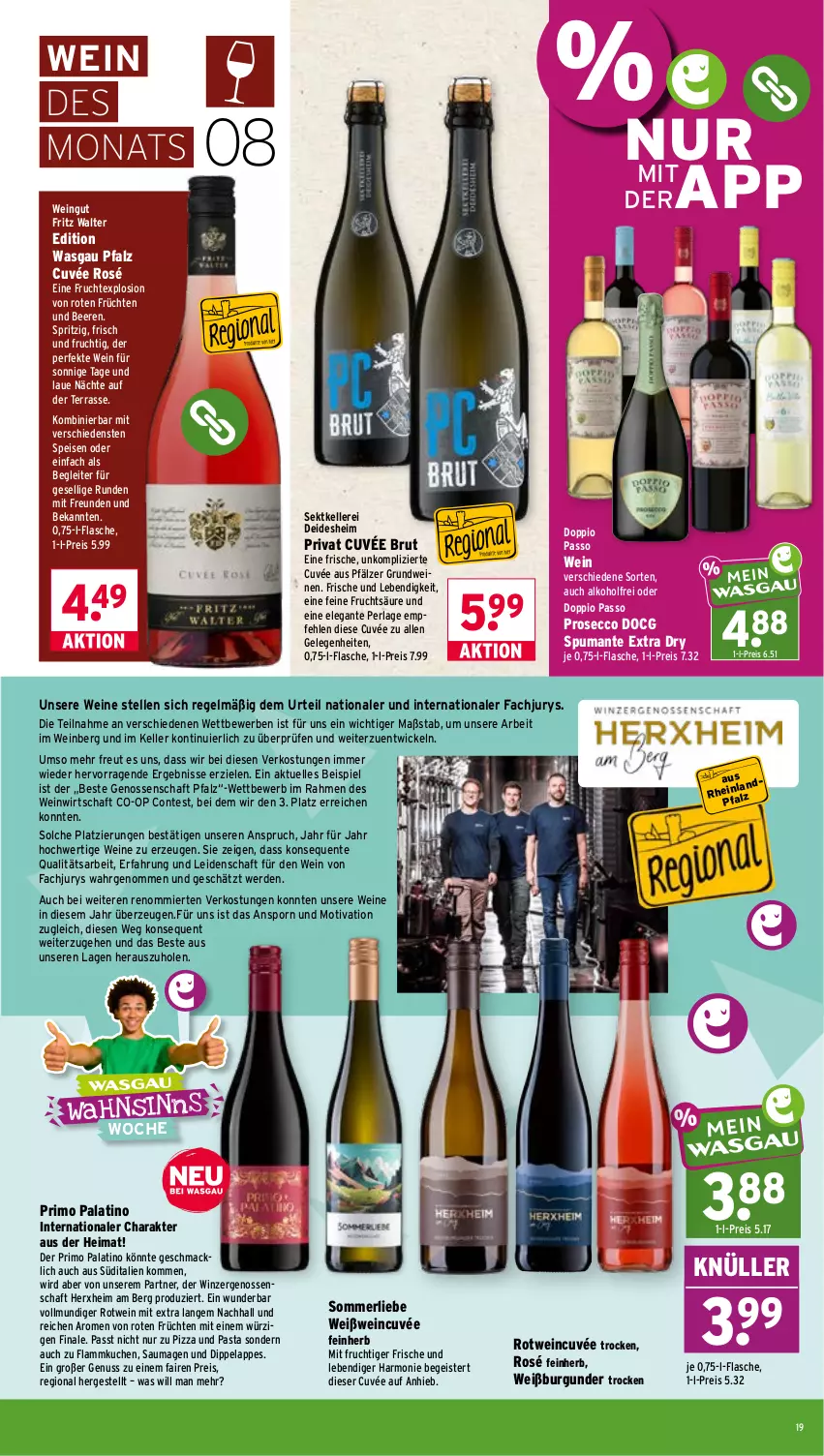 Aktueller Prospekt Wasgau - von 03.08 bis 08.08.2026 - strona 19 - produkty: alkohol, beere, beeren, brut, burgunder, cuvée, dip, doppio passo, ecco, eis, elle, ente, erde, flammkuchen, flasche, fritz, frucht, früchte, früchten, kuchen, lamm, mac, merl, mit frucht, nuss, passo, pasta, perla, pizza, prosecco, puma, reis, rotwein, Saumagen, sekt, spumante, Ti, wein, weine, Weißburgunder, Weißwein, WICK