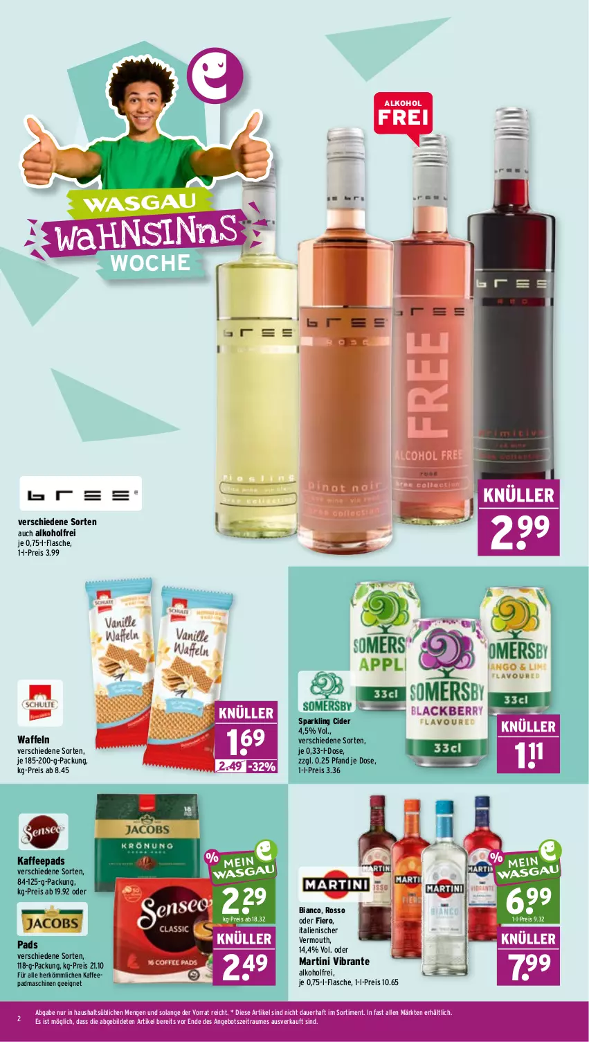 Aktueller Prospekt Wasgau - von 03.08 bis 08.08.2026 - strona 2 - produkty: alkohol, angebot, auer, cider, eis, flasche, kaffee, kaffeepads, martini, reis, Ti, Vermouth, waffeln