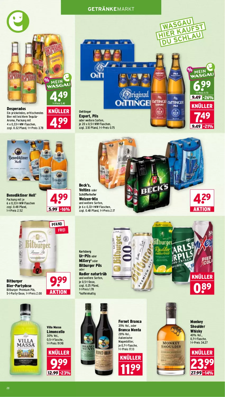 Aktueller Prospekt Wasgau - von 03.08 bis 08.08.2026 - strona 20 - produkty: Benediktiner, bier, bitburger, bitburger pils, burger, desperados, eis, Fernet, fernet branca, flasche, getränk, getränke, karlsberg, limo, Mixer, mixery, mw-flasche, natur, oettinger, pils, premium pils, radler, reis, schöfferhofer, tequila, Ti, veltins, whisky