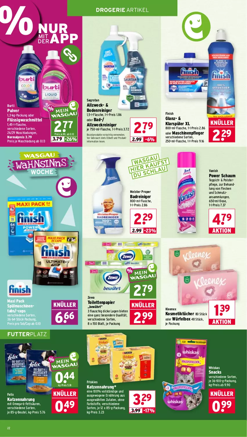 Aktueller Prospekt Wasgau - von 03.08 bis 08.08.2026 - strona 22 - produkty: allzweckreiniger, Bad, beutel, bio, biozidprodukte, burti, Cap, eis, felix, Finish, flasche, Friskies, katzennahrung, klarspüler, kosmetik, Kosmetiktücher, Maschinenpfleger, Meister, meister proper, omega, papier, Rauch, reiniger, reis, rwe, sagrotan, snack, snacks, spülmaschinen, spülmaschinentabs, teppich, Ti, toilettenpapier, tücher, vanish, waschmittel, weck, whiskas, würfel, zewa