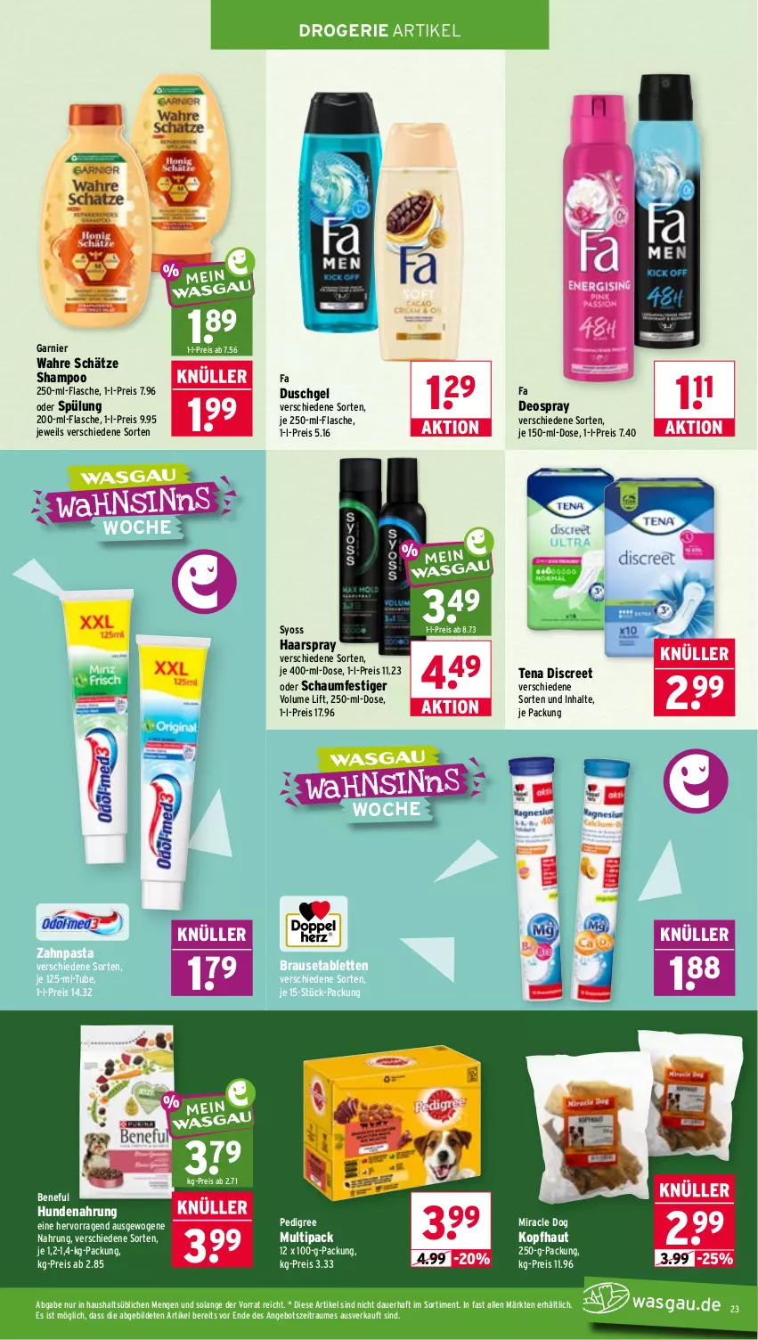 Aktueller Prospekt Wasgau - von 03.08 bis 08.08.2026 - strona 23 - produkty: angebot, auer, brause, Brausetabletten, deo, deospray, Discreet, duschgel, eis, flasche, garnier, haarspray, hundenahrung, oder schaumfestiger, pasta, pedigree, reis, schaumfestiger, shampoo, spülung, syoss, tablet, tablett, Tablette, Ti, Wahre Schätze, Yo, zahnpasta