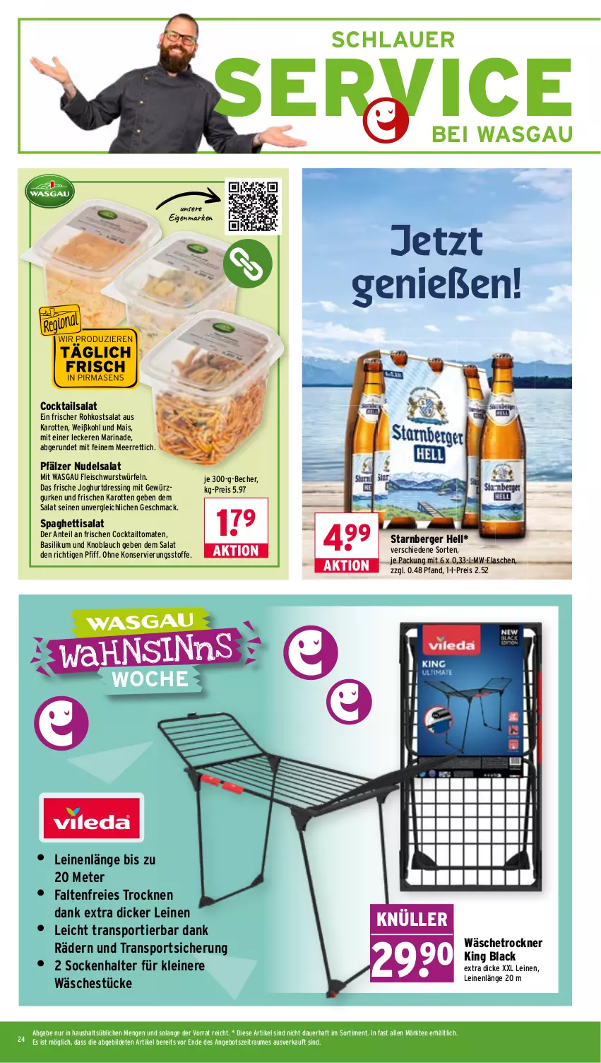 Aktueller Prospekt Wasgau - von 03.08 bis 08.08.2026 - strona 24 - produkty: angebot, auer, basilikum, Becher, Berger, cocktail, cocktails, dressing, eis, flasche, fleisch, fleischwurst, gewürz, Gewürzgurke, gewürzgurken, gurke, gurken, joghur, joghurt, karotten, knoblauch, lack, leine, mac, mais, marinade, meerrettich, mw-flasche, nudel, nudelsalat, reis, Rettich, salat, socken, spaghetti, Sport, Ti, tomate, tomaten, Trockner, wäschetrockner, Weißkohl, würfel, wurst