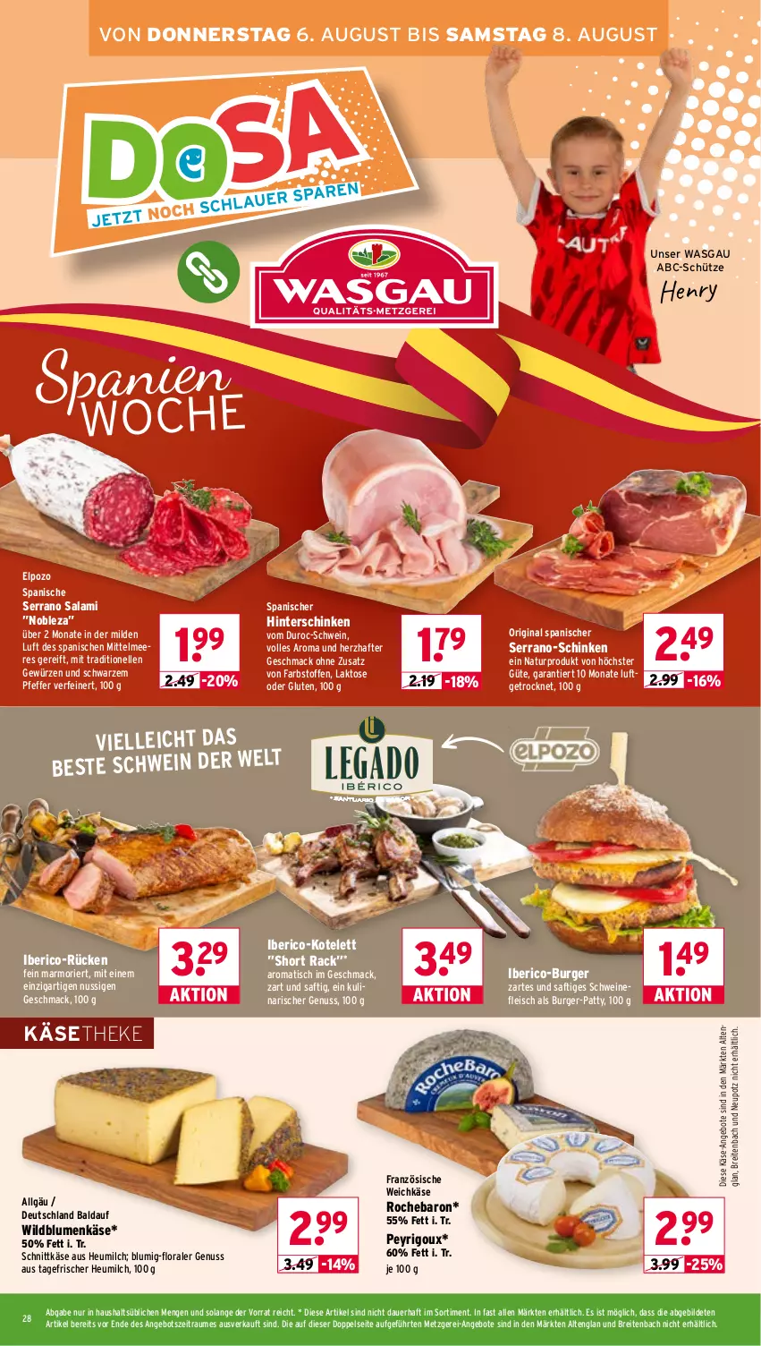 Aktueller Prospekt Wasgau - von 03.08 bis 08.08.2026 - strona 28 - produkty: angebot, angebote, auer, blume, blumen, Brei, burger, eis, elle, fleisch, gewürz, gin, Heu, heumilch, hinterschinken, Käse, käsetheke, kotelett, LG, mac, milch, natur, nuss, pfeffer, saft, salami, schinken, schnittkäse, Schütze, schwein, schweine, schweinefleisch, serrano, Ti, tisch, weichkäse, wein, weine, Wild, Wildblumenkäse