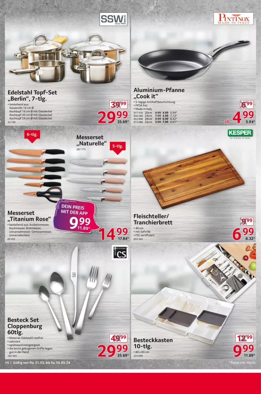 Aktueller Prospekt Selgros - Non Food - von 21.03 bis 30.03.2024 - strona 14 - produkty: besteck, brot, decke, Deckel, edelstahl, eis, elle, fleisch, Glasdeckel, Kochtopf, LG, Liege, messer, Messerset, natur, rel, Ria, saft, Schere, spülmaschinen, teller, Ti, topf, topf-set, Tranchierbrett, usb