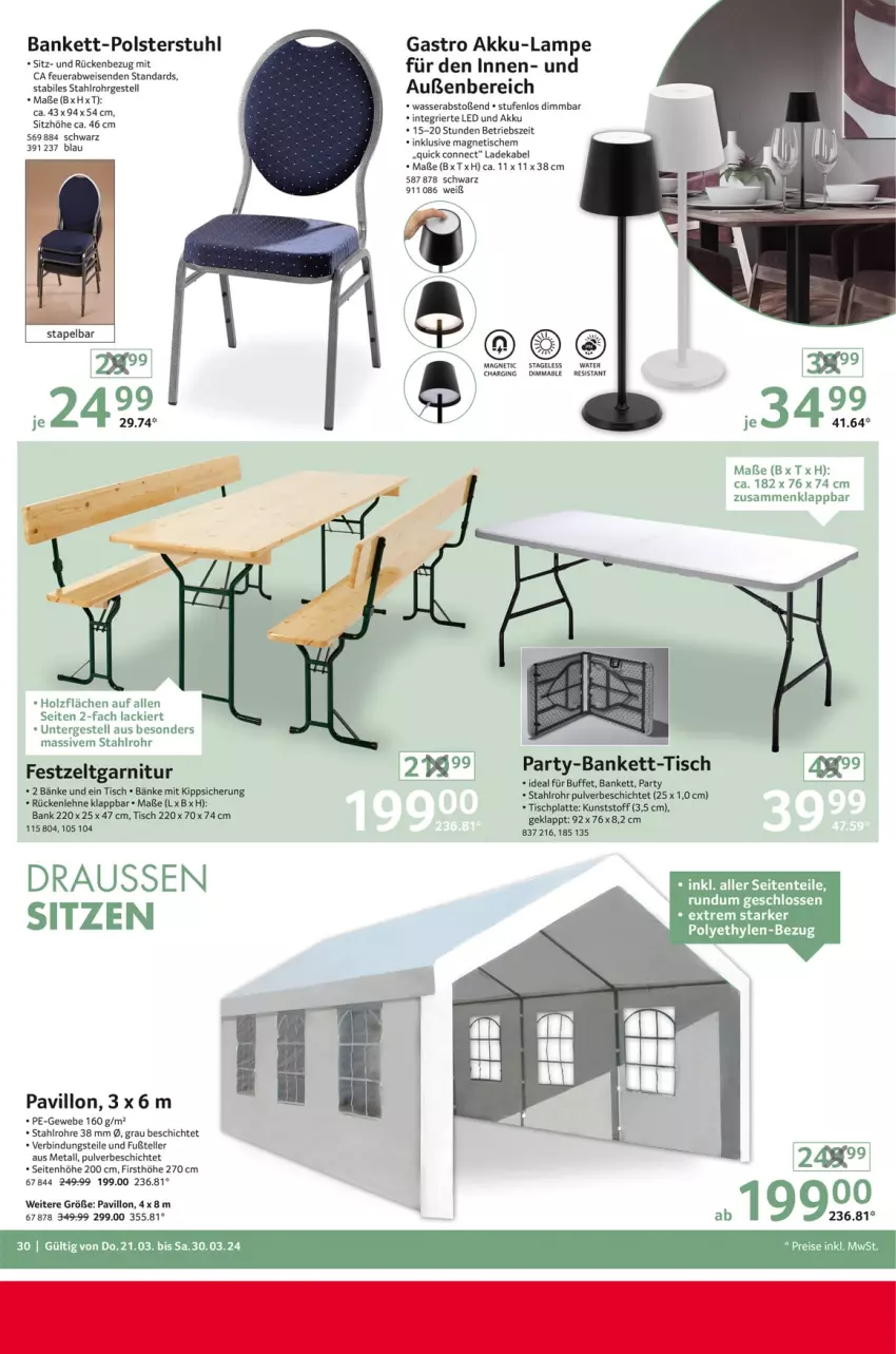 Aktueller Prospekt Selgros - Non Food - von 21.03 bis 30.03.2024 - strona 30 - produkty: akku, Bank, deka, eis, elle, garnitur, Holz, HP, lack, ladekabel, Lampe, latte, pavillon, polsterstuhl, reis, rückenlehne, Sitzhöhe, stuhl, teller, Ti, tisch, tischplatte, wasser, Zelt