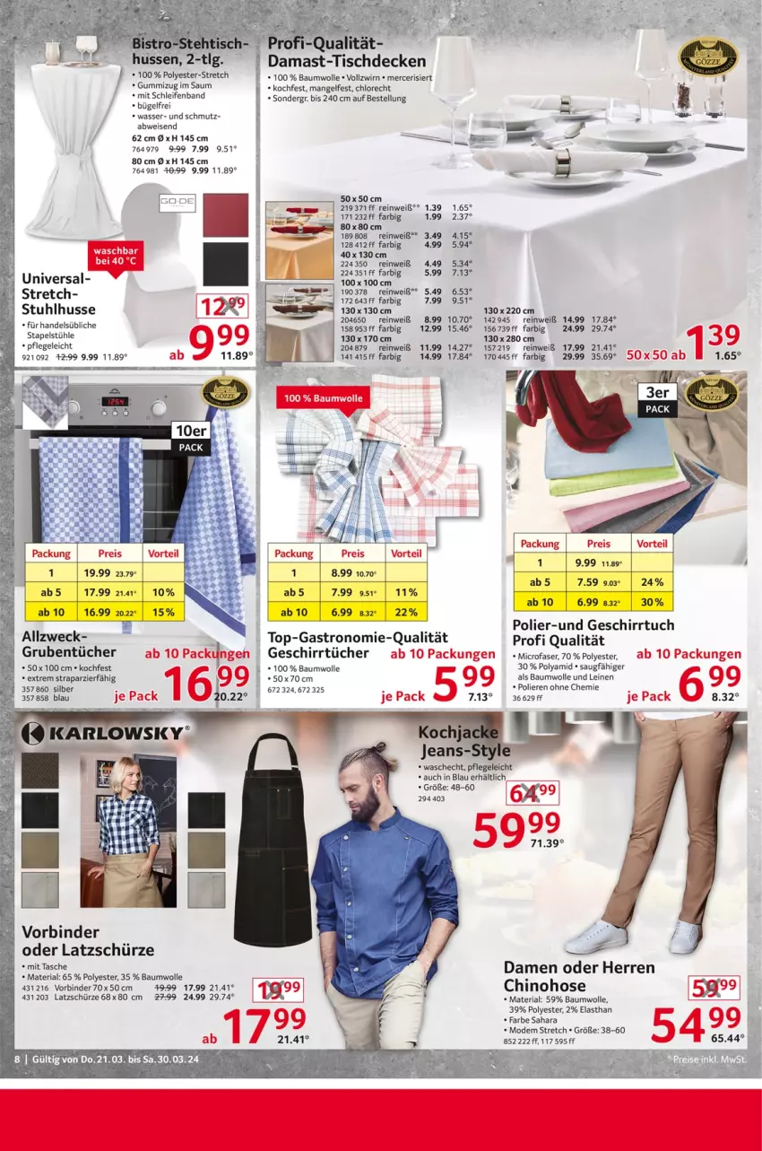 Aktueller Prospekt Selgros - Non Food - von 21.03 bis 30.03.2024 - strona 8 - produkty: Bau, baumwolle, bügel, decke, eis, geschirr, geschirrtuch, geschirrtücher, hose, jeans, leine, Mode, reis, Ria, Schürze, Stapelstühl, Stühl, stuhl, Ti, tisch, tischdecke, tuc, tücher, wasser, weck, wolle