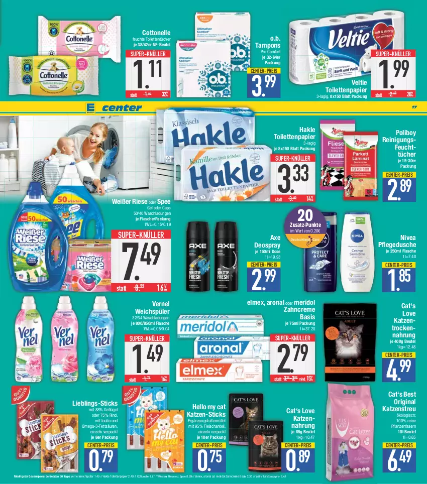 Aktueller Prospekt E Center - Angebote der Woche - von 20.03 bis 25.03.2023 - strona 17 - produkty: axe, beutel, Cap, cottonelle, creme, deo, deospray, dusche, eis, elle, elmex, ente, feuchttücher, flasche, fleisch, Geflügel, gin, hakle, hakle toilettenpapier, katzennahrung, Katzenstreu, meridol, nivea, O.b., omega, Omega-3, papier, pflanze, pflanzen, pflegedusche, Reinigung, reis, rind, spee, super-knüller, Tampon, tampons, Ti, toilettenpapier, toilettentücher, Trockennahrung, tücher, vernel, weichspüler, Weisser Riese, zahncreme, ZTE