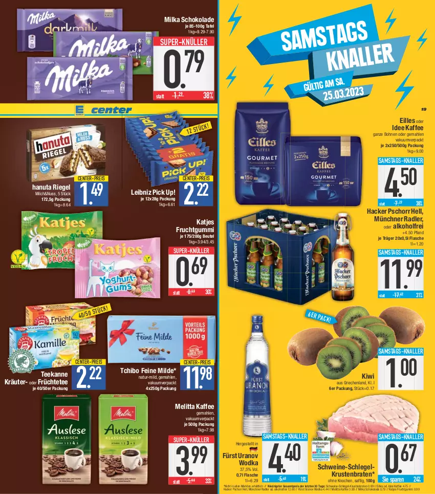 Aktueller Prospekt E Center - Angebote der Woche - von 20.03 bis 25.03.2023 - strona 19 - produkty: alkohol, beutel, bohne, bohnen, braten, eis, ente, flasche, frucht, früchte, Früchtetee, fruchtgummi, hacker pschorr, hanuta, kaffee, katjes, kiwi, kräuter, krustenbraten, leibniz, melitta, milch, milka, milka schokolade, natur, nuss, Pick Up!, radler, reis, riegel, saft, schoko, schokolade, schwein, schweine, super-knüller, Tchibo, tee, teekanne, Ti, wein, weine, wodka, ZTE