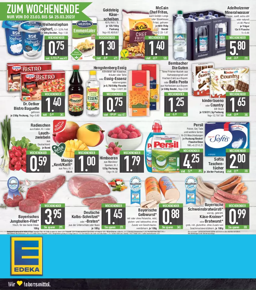 Aktueller Prospekt E Center - Angebote der Woche - von 20.03 bis 25.03.2023 - strona 20 - produkty: adelholzener, Alwa, baguette, Becher, beere, beeren, bernbacher, beutel, Bistro Baguette, braten, bratwurst, Dr. Oetker, eier, eis, essig, filet, flasche, frischei-nudeln, Golden Longs, goldsteig, hartweizen, hengstenberg, himbeer, himbeere, himbeeren, Holz, joghur, joghurt, jungbullen, Käse, käsescheiben, Kinder, kinder bueno, kräuter, Lauchzwiebel, lauchzwiebeln, lebensmittel, mac, mango, mccain, Meister, mineralwasser, natur, nudel, nudeln, nuss, pasta, persil, petersilie, radieschen, reis, rel, Schal, Schale, schnitzel, schwein, steak, Tasche, taschen, taschentücher, Ti, tücher, wasser, weihenstephan, wein, wurst, ZTE, zwiebel, zwiebeln