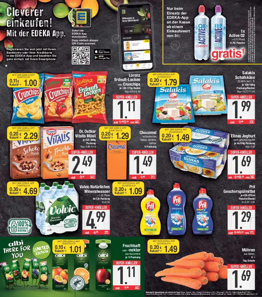 Aktueller Prospekt E Center - Angebote der Woche - von 20.03 bis 25.03.2023 - strona 8 - produkty: Alwa, angebot, Bank, Becher, beutel, chips, coupon, crunchips, decke, Deckel, deka, Dr. Oetker, eis, elinas, elinas joghurt, flasche, frucht, fruchtsaft, geschirr, geschirrspülmittel, getränk, joghur, joghurt, joghurt nach, kakao, Käse, LG, lorenz, lorenz crunchips, mineralwasser, möhren, müsli, natürliches mineralwasser, Nektar, nuss, pril, reis, Ria, saft, salakis, schafskäse, Schal, Schale, smartphone, spülmittel, super-knüller, Ti, vita, vitalis, vitalis müsli, volvic, volvic natürliches, wasser, ZTE