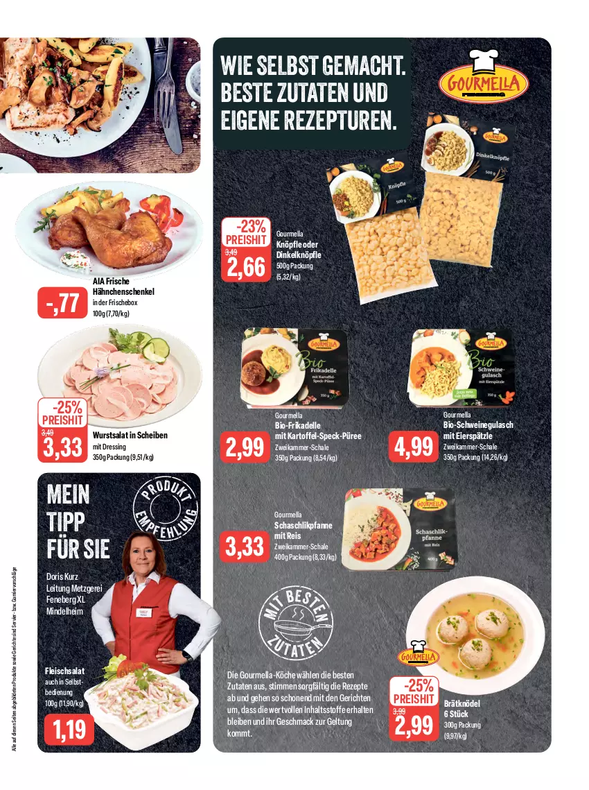 Aktueller Prospekt Feneberg - Prospekte - von 05.10 bis 07.10.2023 - strona 3 - produkty: bio, dell, dressing, eier, eierspätzle, eis, elle, fleisch, fleischsalat, Frische Hähnchen, garnier, gulasch, hähnchenschenkel, henkel, kartoffel, Knödel, mac, pfanne, püree, reis, rezept, rezepte, salat, Schal, Schale, schenkel, schwein, schweine, schweinegulasch, Speck, Ti, wein, weine, wurst