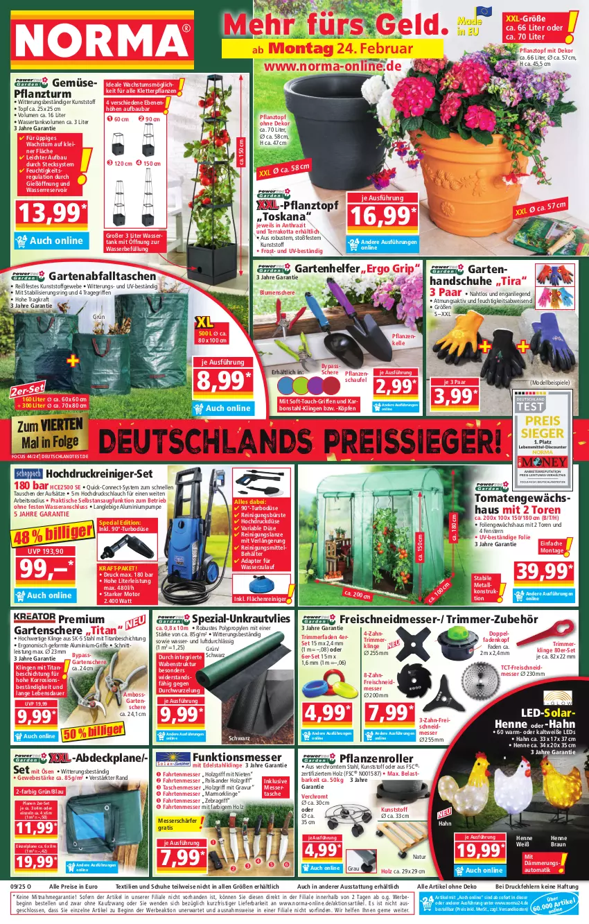 Aktueller Prospekt Norma - Norma - von 24.02 bis 03.03.2025 - strona 1 - produkty: abdeckplane, adapter, auer, auto, Bau, Bebe, Behälter, blume, blumen, boss, braun, bürste, dell, edelstahl, eis, elle, fenster, Garten, Gartenschere, Gewächshaus, gin, handschuhe, hochdruckreiniger, Holz, kraft, Kraut, leds, leine, LG, Liege, messer, Mode, natur, ndk, pflanze, pflanzen, Pflanztopf, reiniger, Reinigung, reinigungsbürste, reis, reiss, Ria, ring, Roller, Schere, schlauch, schuhe, Spezi, Spiele, Tasche, taschen, Ti, tisch, tomate, tomaten, topf, tragegriff, wasser, wassertank