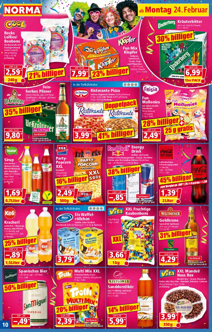 Aktueller Prospekt Norma - Norma - von 24.02 bis 03.03.2025 - strona 10 - produkty: ananas, auer, beere, beutel, bier, Blüte, bonbons, Cashew, Clin, drink, eier, eierlikör, eis, elle, energy drink, erdbeere, erdnüsse, erfrischungsgetränk, flasche, frucht, getränk, goldkrone, himbeer, holunder, holunderblüte, karamell, kirsch, kokos, kracher, kräuter, krone, likör, mac, mandel, mandeln, maracuja, mit frucht, nuss, Peroni, pfirsich, pils, pilsner, pizza, pizza salame, popcorn, recyclingmaterial, Ria, ristorante, ristorante pizza, sahne, sanddorn, sesam, sirup, Spezi, Ti, vanille, Waffelröllchen, whisky, zitrone, zucker