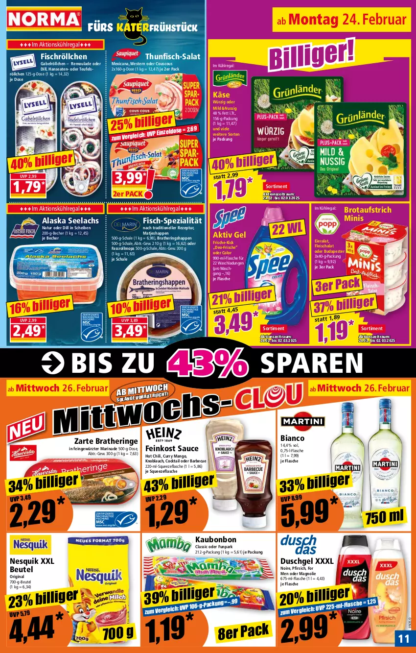 Aktueller Prospekt Norma - Norma - von 24.02 bis 03.03.2025 - strona 11 - produkty: aktiv gel, aufstrich, barbecue, Becher, beutel, Bratheringe, brot, brotaufstrich, chili, cocktail, couscous, curry, deo, duschgel, eier, eis, elle, feinkost, fisch, flasche, fleisch, gabel, gewürz, gin, hering, Herings, Heringshappen, hot chili, Käse, knoblauch, kühlregal, lachs, mango, marinade, matjes, natur, nesquik, nuss, pfirsich, regal, remoulade, rezept, ring, salat, sauce, Schal, Schale, Spezi, thunfisch, Ti, Weste, ZTE