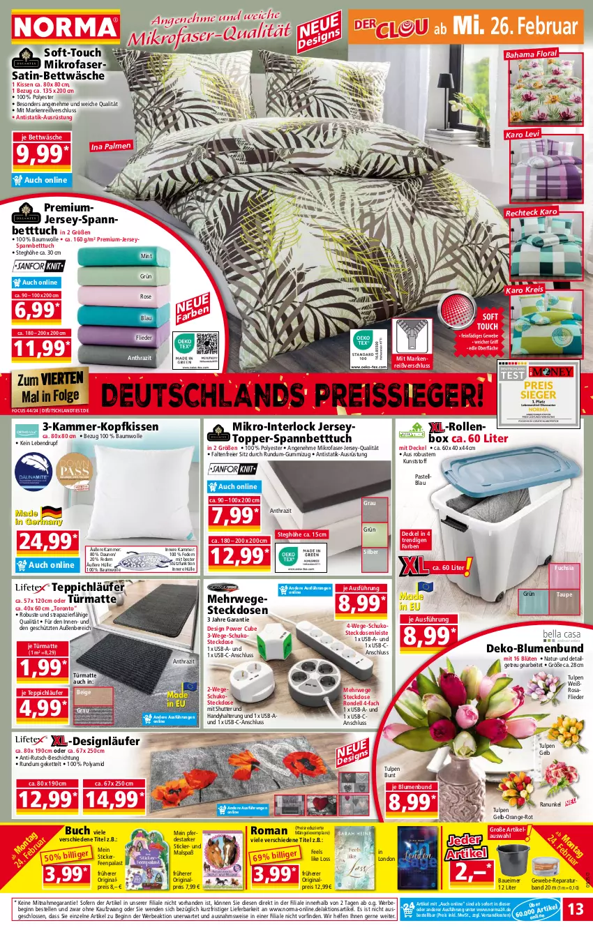 Aktueller Prospekt Norma - Norma - von 24.02 bis 03.03.2025 - strona 13 - produkty: Bau, Baueimer, baumwolle, Bebe, bett, Betttuch, bettwäsche, blume, blumen, Blüte, buch, decke, Deckel, dell, eier, eimer, eis, elle, erde, flieder, gin, hama, Handy, jersey-spannbetttuch, Kette, kissen, kopfkissen, Läufer, LG, mikrofaser, mint, natur, ndk, orange, reis, reiss, Rollenbox, Rondell, rwe, satin-bettwäsche, spannbetttuch, steckdose, Steckdosenleiste, teppich, Ti, topper, tuc, usb, wolle, ZTE