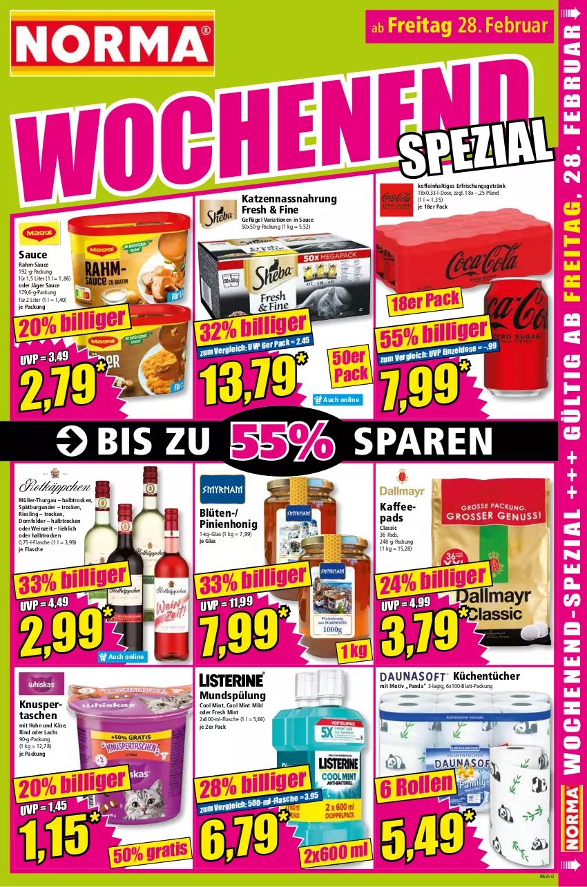 Aktueller Prospekt Norma - Norma - von 24.02 bis 03.03.2025 - strona 15 - produkty: Blüte, burgunder, dornfelder, erfrischungsgetränk, flasche, Geflügel, getränk, honig, kaffee, kaffeepads, Käse, küche, Küchen, küchentücher, lachs, mint, Müller, Müller-Thurgau, mundspülung, Nassnahrung, Ria, riesling, rind, sauce, spätburgunder, spülung, Tasche, taschen, Ti, tücher, wein