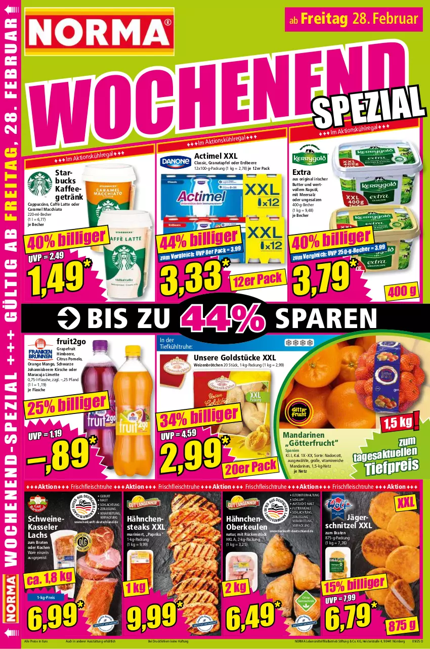 Aktueller Prospekt Norma - Norma - von 24.02 bis 03.03.2025 - strona 16 - produkty: ACC, actimel, apfel, Becher, beere, braten, brötchen, butter, caffè latte, Cap, cappuccino, caramel, chia, cin, citrus, eis, erdbeere, flasche, fleisch, frucht, getränk, gin, Goldstücke, grana, granatapfel, grapefruit, Hähnchensteak, hähnchensteaks, himbeer, himbeere, johannisbeere, kaffee, kasseler, kirsch, kirsche, lachs, latte, lebensmittel, limette, mac, macchiato, mandarine, mandarinen, mango, maracuja, meersalz, Mett, natur, orange, paprika, Pomelo, Rana, rapsöl, regal, reis, salz, schnitzel, schwein, schweine, starbucks, steak, steaks, Ti, tiefpreis, vita, wein, weine, weizenbrötchen