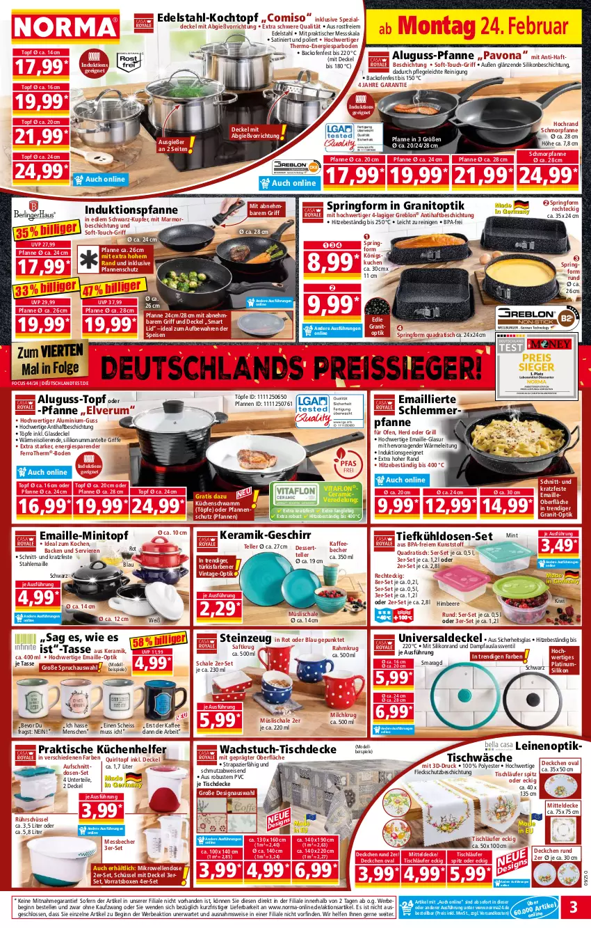 Aktueller Prospekt Norma - Norma - von 24.02 bis 03.03.2025 - strona 3 - produkty: Aluguss-Pfanne, aufschnitt, backofen, Bebe, Becher, beere, decke, Deckel, dell, dessert, Dessertteller, edelstahl, eis, elle, geschirr, gin, Glasdeckel, grill, himbeer, himbeere, kaffee, kaffeebecher, kiwi, Kochtopf, küche, kuchen, Küchen, Küchenhelfer, Läufer, leine, LG, maille, Mantel, Messbecher, mikrowelle, milch, mint, mitteldecke, Mode, müsli, Müslischale, ndk, Ofen, pfanne, pfannen, Pfau, quad, Reinigung, reis, reiss, Ria, ring, Rührschüssel, rum, saft, Schal, Schale, schmorpfanne, schüssel, schwamm, Spezi, Spiele, Springform, tasse, teller, Ti, tisch, tischdecke, tischläufer, Tischwäsche, topf, tuc, vita, wachstuch