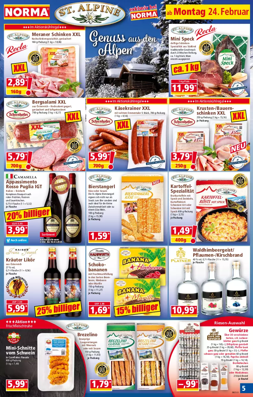 Aktueller Prospekt Norma - Norma - von 24.02 bis 03.03.2025 - strona 5 - produkty: auer, banane, bananen, Bau, Bauer, Bauernschinken, beere, beutel, bier, brezel, brombeere, eis, elle, emmentaler, flakes, flasche, fleisch, frucht, früchte, früchten, Fruchtmark, gewürz, himbeer, himbeere, kartoffel, kartoffeln, Käse, Käsekrainer, kirsch, kirsche, kirschen, kochschinken, kräuter, kühlregal, Laugenstange, leine, likör, mac, meersalz, mit frucht, Muskatnuss, nuss, paprika, pfeffer, pflaume, pflaumen, regal, reis, salami, salz, sauerkirschen, schinken, schoko, Schokobananen, schwein, sesam, sim, snack, Speck, Spezi, Ti, wein, zwiebel, zwiebeln