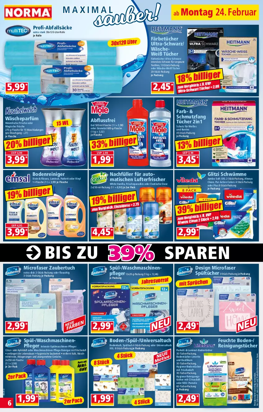 Aktueller Prospekt Norma - Norma - von 24.02 bis 03.03.2025 - strona 6 - produkty: Alwa, Always, apfel, auer, auto, basilikum, bio, biozidprodukte, Bodentücher, citrus, flasche, jumbo, laminat, limette, lufterfrischer, Maschinenpfleger, Mett, Pomelo, Rauch, reiniger, Reinigung, reinigungstücher, rwe, spülmaschinen, Ti, Tiere, tisch, tuc, tücher, wäscheparfüm, waschmaschine, waschmaschinen, waschmittel