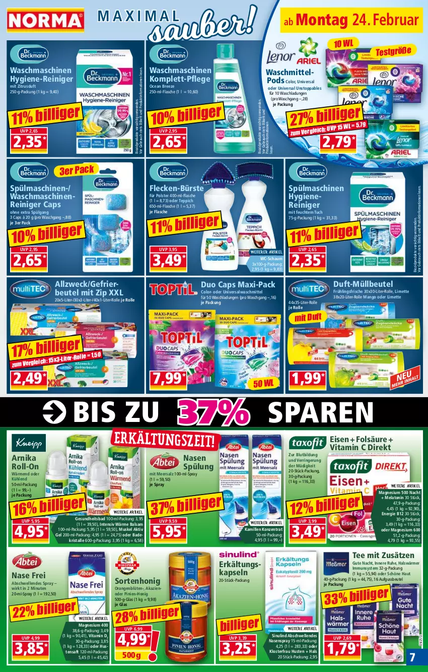 Aktueller Prospekt Norma - Norma - von 24.02 bis 03.03.2025 - strona 7 - produkty: aktiv gel, Alwa, Bad, Badekristalle, balsam, beutel, bio, biozidprodukte, Blüte, bree, bürste, Cap, eis, elle, Erkältungs, flasche, gefrierbeutel, Gesundheit, honig, hygiene-reiniger, Kamill, kamille, LG, limette, magnesium, magnesium 400, mango, maschinenreiniger, meersalz, Mett, müllbeutel, Nasenspray, orange, orangen, Pods, Rauch, reiniger, ring, roll-on, rwe, saft, salz, spülmaschinen, spülung, tee, teppich, Ti, tuc, vita, Vitamin C, Vitamin D, waschmaschine, waschmaschinen, waschmittel, weck