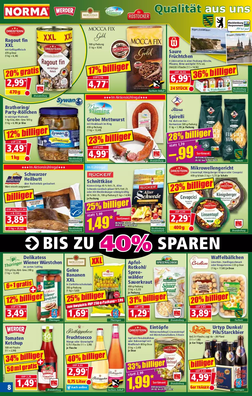 Aktueller Prospekt Norma - Norma - von 24.02 bis 03.03.2025 - strona 8 - produkty: apfel, auer, banane, bananen, Berger, bier, bohne, bohnen, buch, burger, cevapcici, creme, ecco, eintopf, eintöpfe, eis, elle, erbsen, flasche, fleisch, Fleischbällchen, frucht, fruchtsecco, Geflügel, gelee, grana, granatapfel, hartweizen, hering, Holz, hühner, im zarten saitling, Käse, ketchup, kirsch, kirsche, knoblauch, Königsberger Klopse, Kraut, Kreide, kühlregal, likör, limette, limetten, linsen, lorenz, mac, mango, marinade, Mett, metten, mettwurst, mikrowelle, mit knoblauch, mit würstchen, Nougatcreme, nudel, pflaume, pils, Ragout, Rana, regal, reis, rel, rind, rindfleisch, ring, rotkohl, Sauerkraut, Schal, Schale, schnittkäse, schoko, schokolade, spreewälder, Ti, tomate, tomaten, tomaten ketchup, topf, urtyp, vanille, wiener, wiener würstchen, wurst, würstchen, Zartbitterschokolade