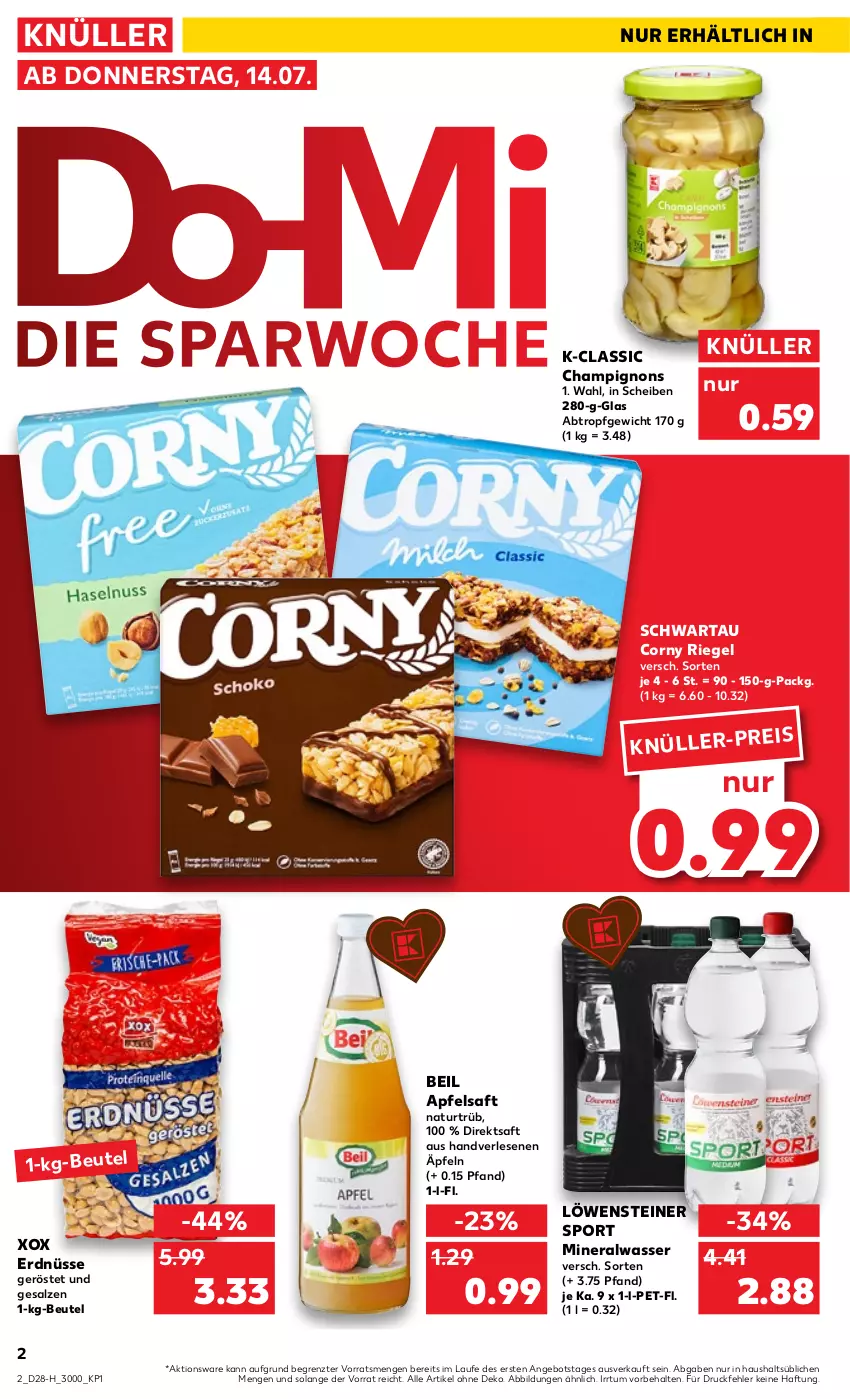 Aktueller Prospekt Kaufland - Spezielle Angebote - von 14.07 bis 20.07.2022 - strona 2 - produkty: Alwa, angebot, apfel, apfelsaft, beutel, champignon, champignons, corny, direktsaft, eis, erdnüsse, mineralwasser, natur, riegel, saft, salz, Schwartau, Sport, steiner, Ti, wasser, ZTE