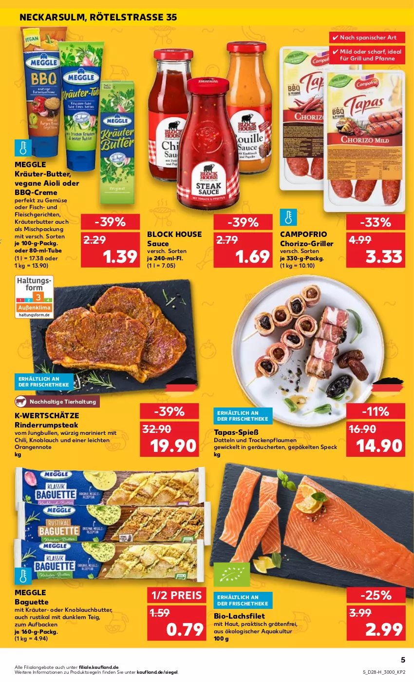 Aktueller Prospekt Kaufland - Spezielle Angebote - von 14.07 bis 20.07.2022 - strona 5 - produkty: aioli, angebot, angebote, aqua, baguette, bio, butter, campofrio, chili, chorizo, creme, Datteln, eis, filet, fisch, fleisch, für grill und pfanne, grill, grill und pfanne, HP, ideal für grill, ideal für grill und pfanne, jungbullen, knoblauch, Knoblauchbutter, kräuter, kräuter-butter, kräuterbutter, lachs, lachsfilet, meggle, orange, orangen, pfanne, pflaume, pflaumen, reis, rind, rinder, rum, rumpsteak, sauce, Speck, steak, Tapas, Ti, tisch, und pfanne, WICK