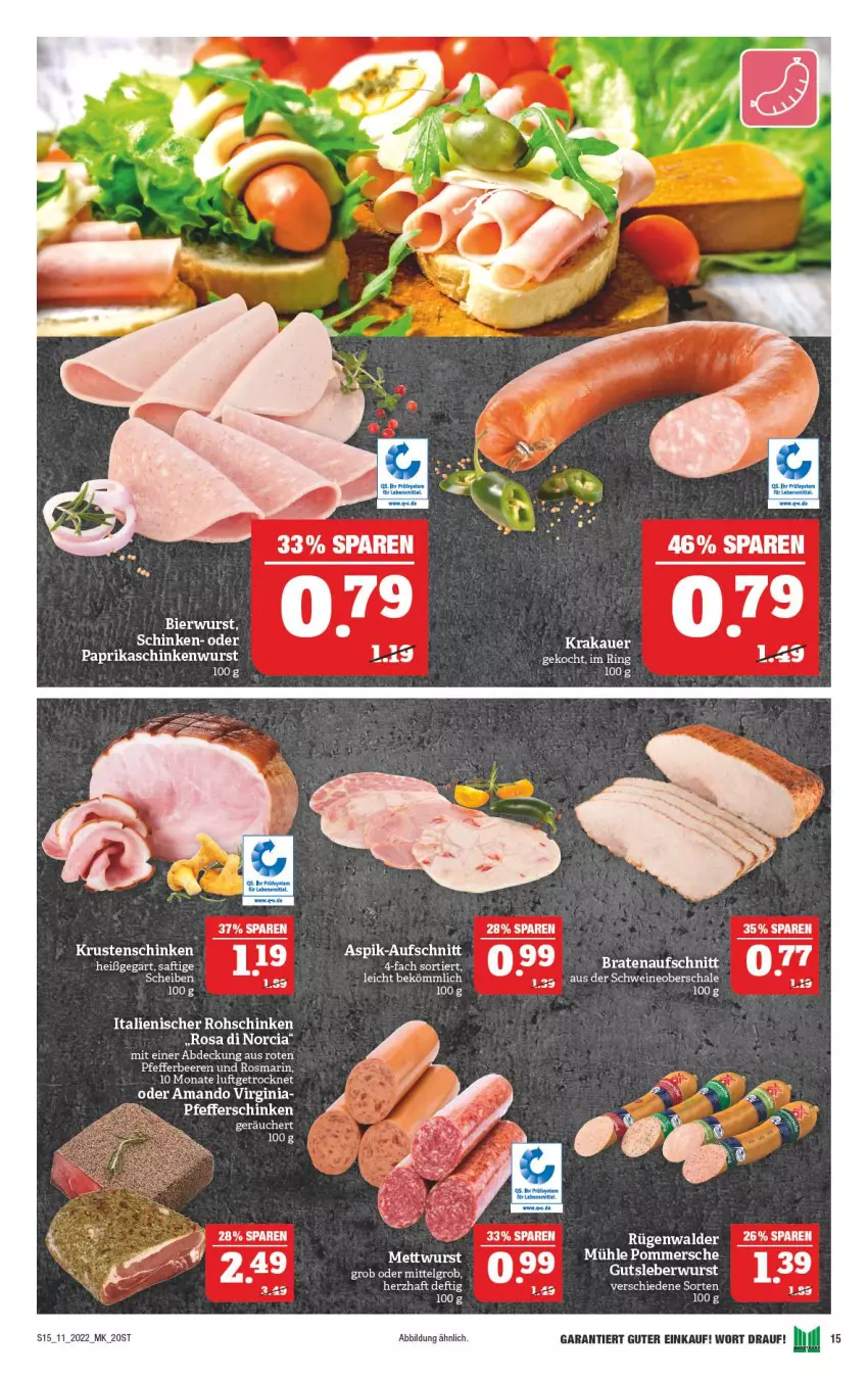 Aktueller Prospekt Marktkauf - Prospekt - von 13.03 bis 19.03.2022 - strona 15 - produkty: auer, aufschnitt, beere, beeren, braten, bratenaufschnitt, gin, krakauer, LG, paprika, pfeffer, Pommersche, ring, rohschinken, rosmarin, rügenwalder, rügenwalder mühle, Schal, Schale, schinken, schinkenwurst, schwein, schweine, Schweineoberschale, tee, Ti, wein, weine, wurst