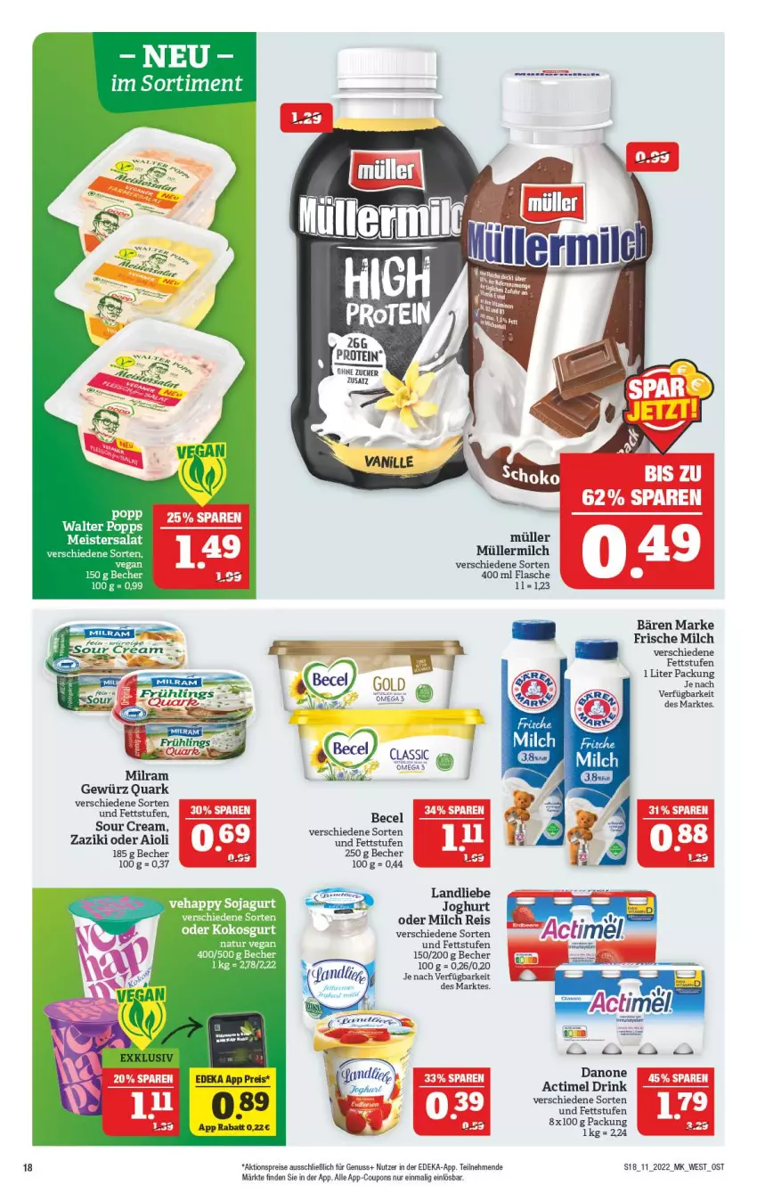 Aktueller Prospekt Marktkauf - Prospekt - von 13.03 bis 19.03.2022 - strona 18 - produkty: actimel, actimel drink, aioli, aktionspreis, becel, Becher, coupon, coupons, danone, deka, drink, eis, flasche, frische milch, gewürz, joghur, joghurt, kokos, landliebe, Meister, milch, milram, Müller, müllermilch, natur, nuss, omega, Popp, quark, reis, salat, soja, Ti, vanille, zaziki, zucker