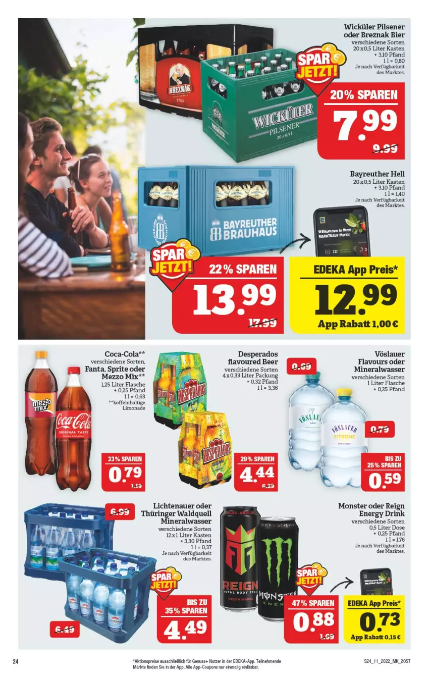 Aktueller Prospekt Marktkauf - Prospekt - von 13.03 bis 19.03.2022 - strona 24 - produkty: aktionspreis, Alwa, auer, bier, coca-cola, cola, coupon, coupons, deka, desperados, drink, eis, energy drink, fanta, flasche, lichtenauer, limo, limonade, Mezzo Mix, mineralwasser, monster, nuss, pils, pilsener, reis, ring, sprite, Ti, vöslauer, wasser, WICK