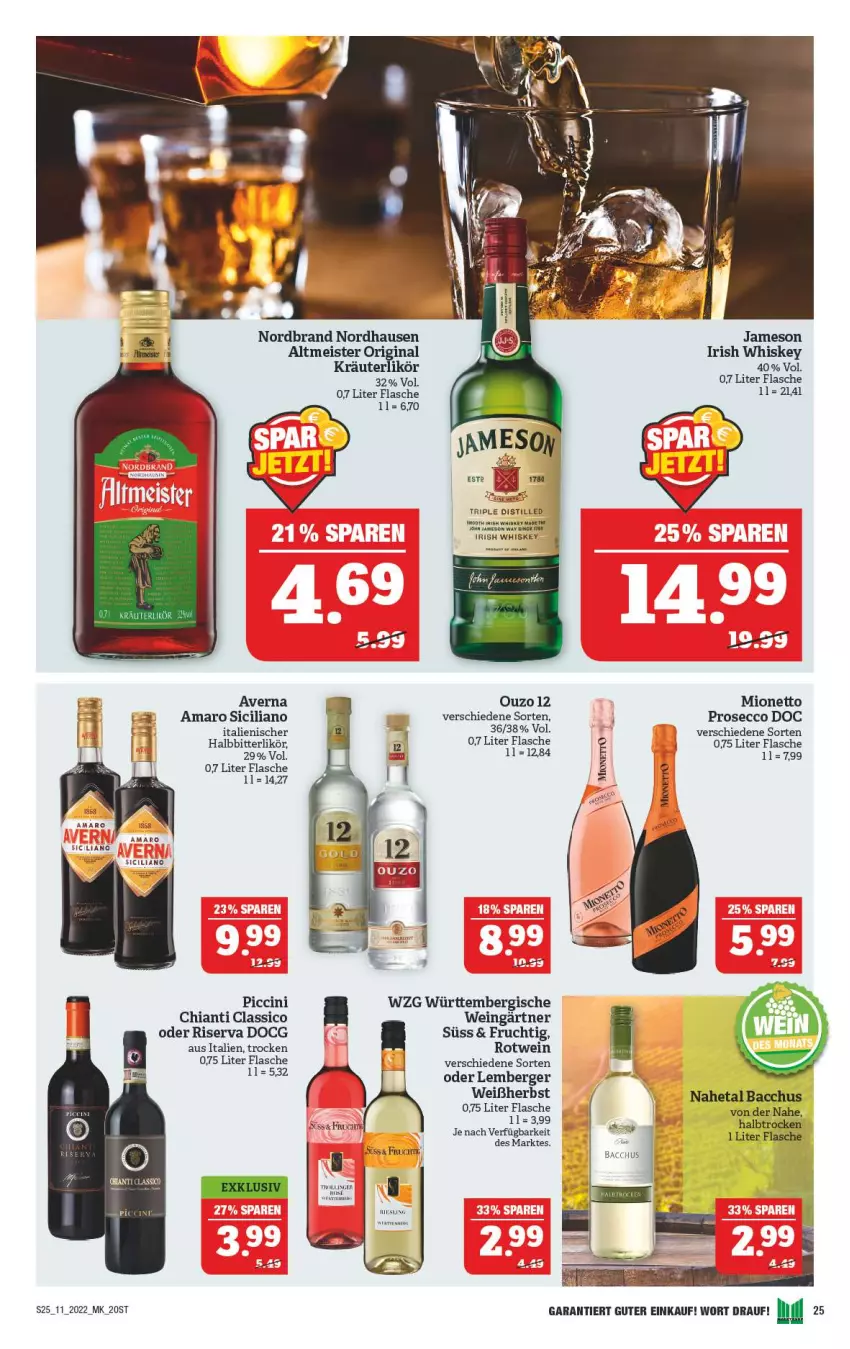 Aktueller Prospekt Marktkauf - Prospekt - von 13.03 bis 19.03.2022 - strona 25 - produkty: ACC, amaro, averna, Berger, chia, chianti, cin, classico, ecco, eis, flasche, frucht, gin, irish whiskey, jameson, kräuter, kräuterlikör, likör, Meister, mionetto, nordbrand, ouzo, prosecco, riserva, rotwein, Ti, wein, whiskey