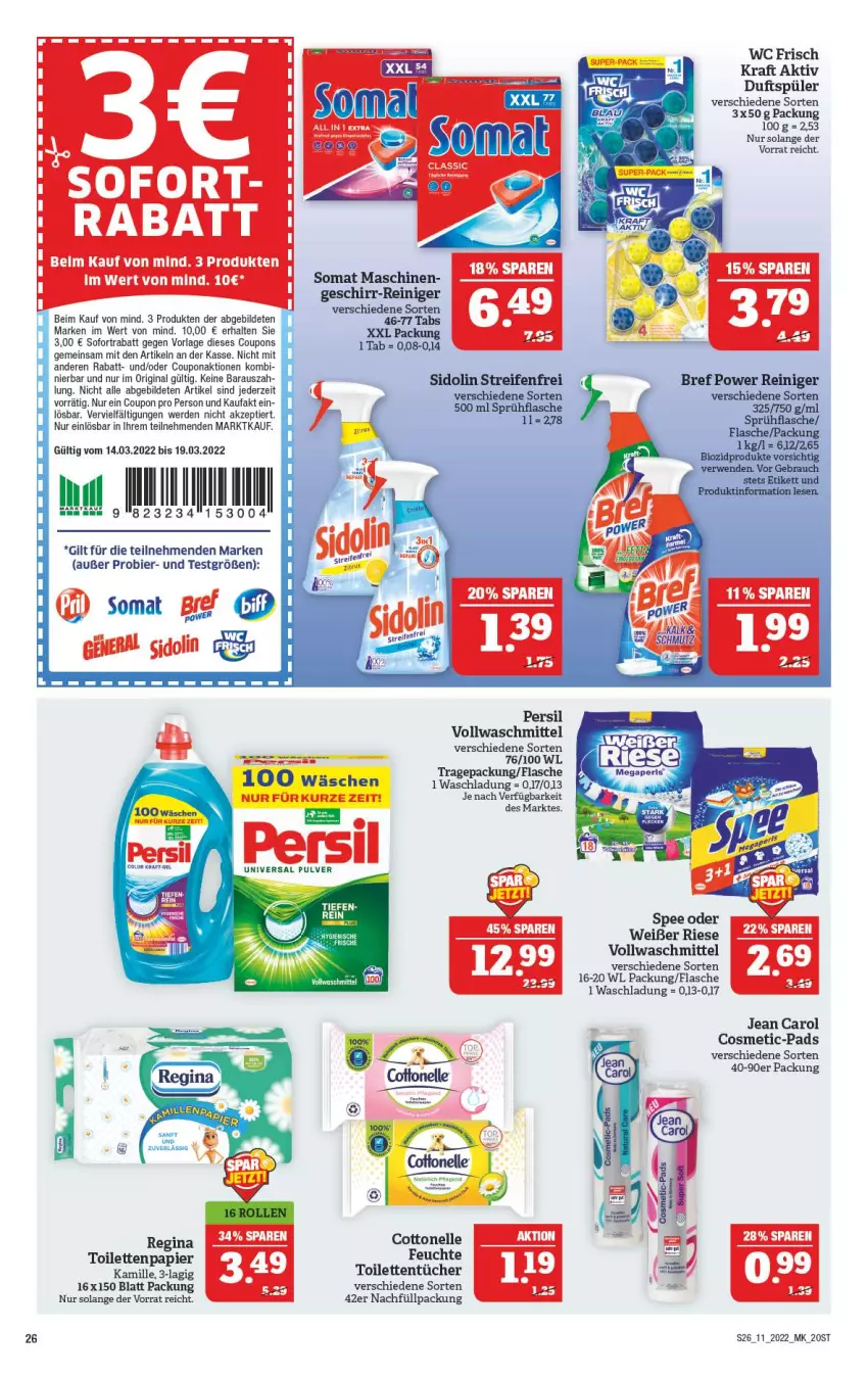 Aktueller Prospekt Marktkauf - Prospekt - von 13.03 bis 19.03.2022 - strona 26 - produkty: bett, Betten, bier, Bref, cottonelle, coupon, coupons, elle, erde, flasche, geschirr, gin, Jean Carol, Kamill, kamille, kraft, papier, persil, reifen, reiniger, sidolin, sofortrabatt, somat, spee, Ti, toilettenpapier, toilettentücher, tücher, vollwaschmittel, waschmittel, wc frisch, WC Frisch Kraft Aktiv