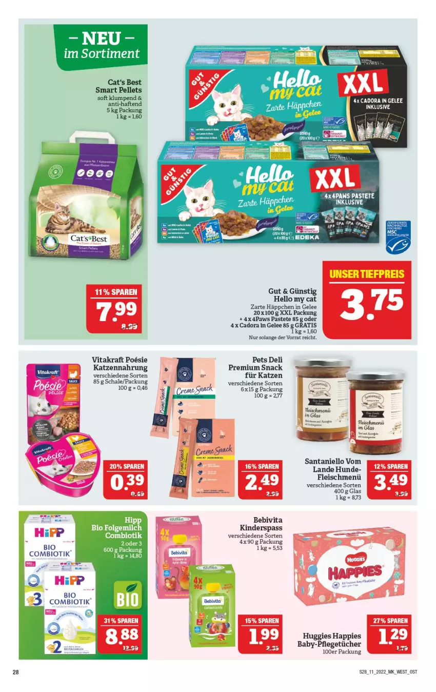 Aktueller Prospekt Marktkauf - Prospekt - von 13.03 bis 19.03.2022 - strona 28 - produkty: bebivita, bio, eis, elle, fleisch, folgemilch, gelee, hipp, Huggies, katzennahrung, Kinder, kraft, LG, milch, pastete, Pellets, Schal, Schale, snack, Ti, tücher, vita, vitakraft